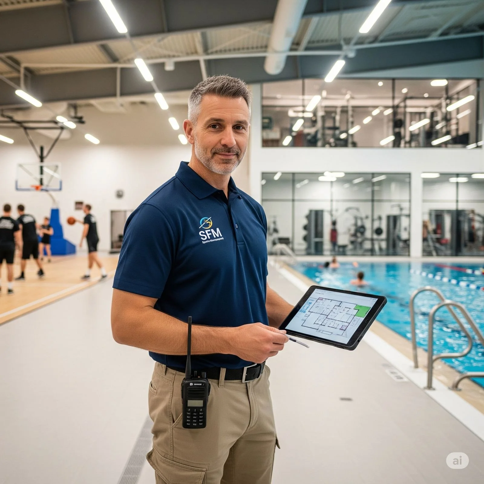 A man with gray hair and a beard standing near an indoor swimming pool. He is wearing a navy blue polo shirt with the logo 'SFM' and holding a tablet displaying a floor plan. There are people in the background playing basketball and swimming.