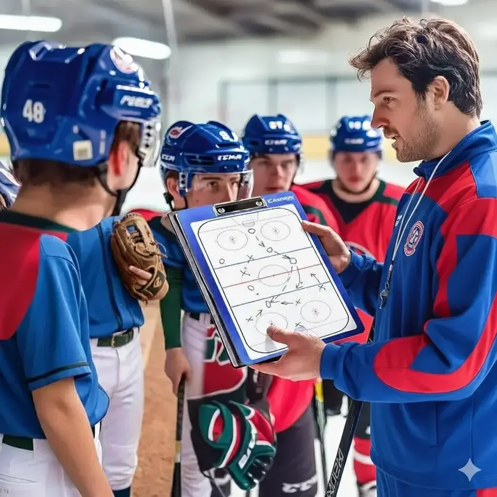 Youth ice hockey coach discussing rink positioning